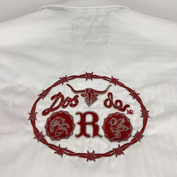 Dos De Oro Rodeo Shirt Sz M Pearl Snap Clean White Red Embroidery Front Back - Picture 10 of 12